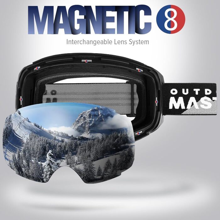 Гірськолижні маски OutdoorMaster Pro – безрамкові, змінні лінзи, 100% UV400 захист, для жінок та чоловіків, чорний каркас, лінза Revosilver, VLT 10%