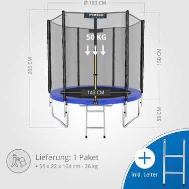Трамплін KINETIC SPORTS для саду: Ø 183-490 см, з драбиною, сіткою, м'якими захисними елементами, пружним полотном, до 160 кг