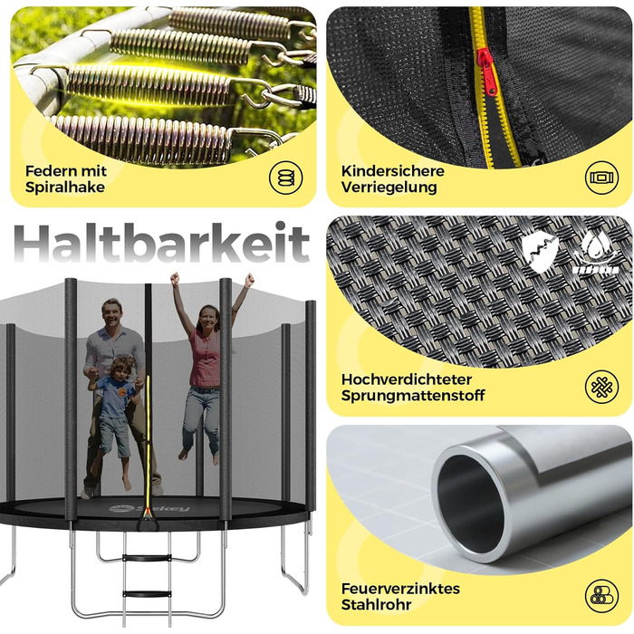 Трамплін Sekey Outdoor Ø 244/305/366 см - сертифікований TÜV Rheinland GS, дитячий, для саду з безпечним мотузковим драбиною, посиленим захисним сіткою та захисним бордюром (Чорний, 366 см/12 футів)