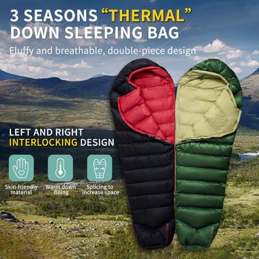 Спальний мішок BUERTS Daunen Summer, 620FP, компактний, для дорослих та підлітків, кемпінг, походи, активний відпочинок. З компресійним мішком. Температура комфорту: 16°C (зелений 5°C)