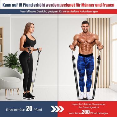 Набір еластичних стрічок для фітнесу з гумовими ручками, плакат з вправами, манжети на щиколотки, дверний анкер, сумка, 5 рівнів опору, 200LBS, чорний