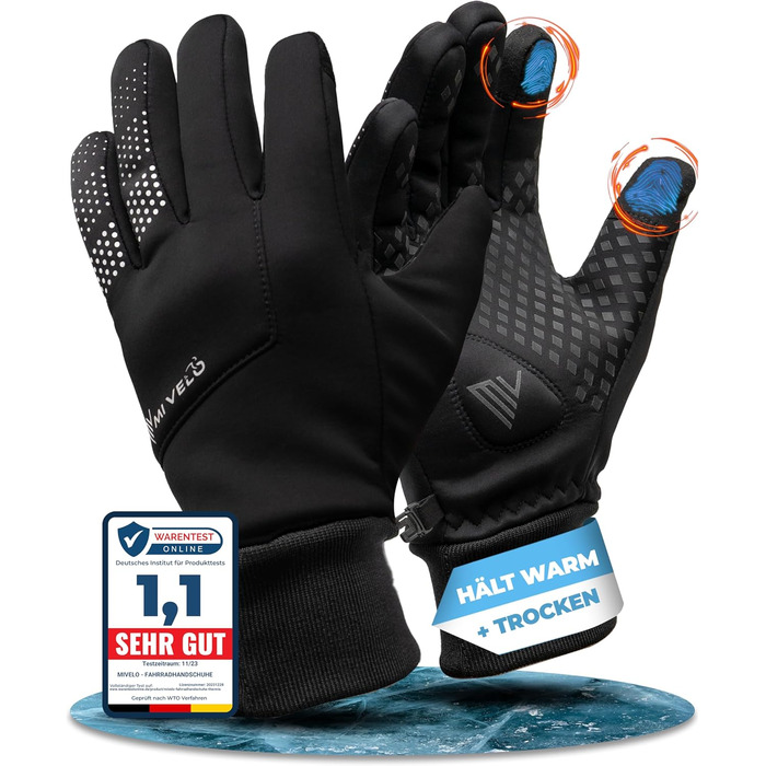 Велосипедні рукавички MIVEO для чоловіків та жінок - водонепроникні з Ergo-Pad, сумісні з сенсорними екранами, зимові та перехідні рукавички (Чорний, XXL, Зима)