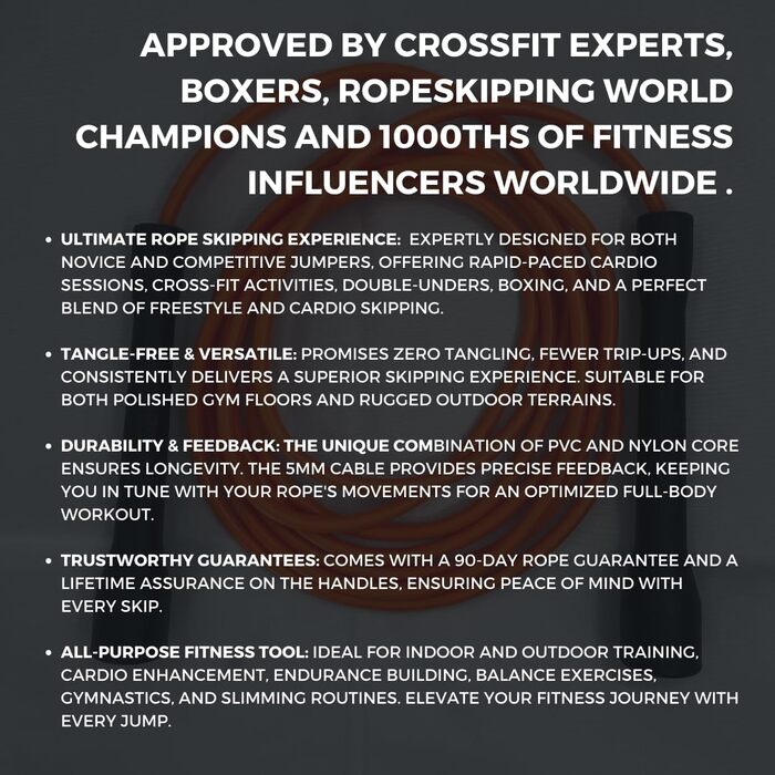 Стрибкове канат для боксерів: професійний спортивний канат Elevate Rope - регульований канат для швидкості - для боксерів та інших видів спорту - для занять в приміщенні та на вулиці - фітнес-канат (Помаранчевий/Чорний)
