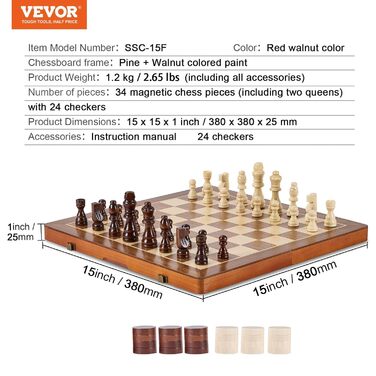Магнітний шаховий набір VEVOR з дерева 2-в-1, шахи-шашки, складаний, для дорослих та дітей, портативний, для подорожей та турнірів, професійний, для початківців