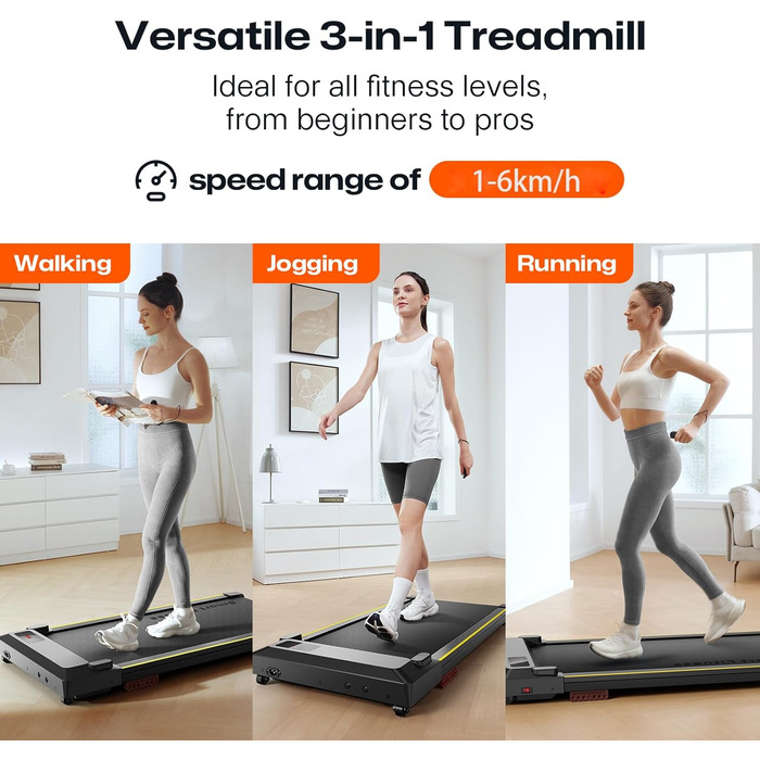 UREVO Smart Walking Pad - компактний тихий біговий столик з амортизацією, додаток для фітнесу, до 136 кг, для дому/офісу, чорний