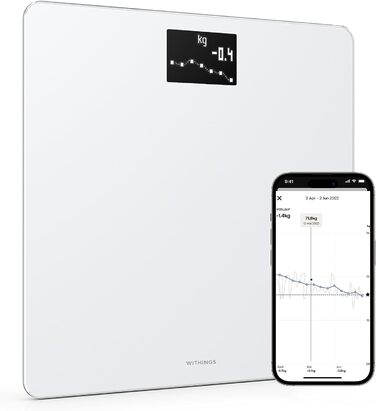 Withings Body — Wi-Fi вага з відстеженням ваги та ІМТ, цифрова підлогова вага з синхронізацією через Bluetooth або Wi-Fi, біла