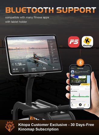 Гребний тренажер Kitopa для дому з Bluetooth-монітором, підставкою для планшета, водним опором, витримує до 150 кг, вертикальне зберігання, сумісний з додатком Kinomap