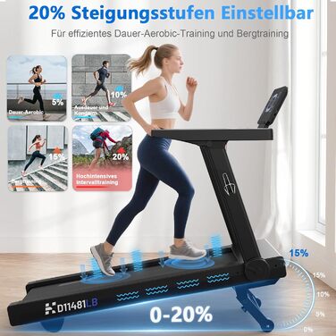Бігова доріжка для дому Laufband 7HP, складний, кут нахилу 20%, швидкість 1-20 км/год, макс. вага 180 кг, Bluetooth, пульсометр, LED-дисплей, тримач для планшета, преміум чорний