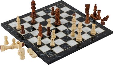 Класична шахова дошка з дерева HBS GAMES, 37 см, чорний мармур, ручна робота, набір шахи та шашки, сімейна настільна гра