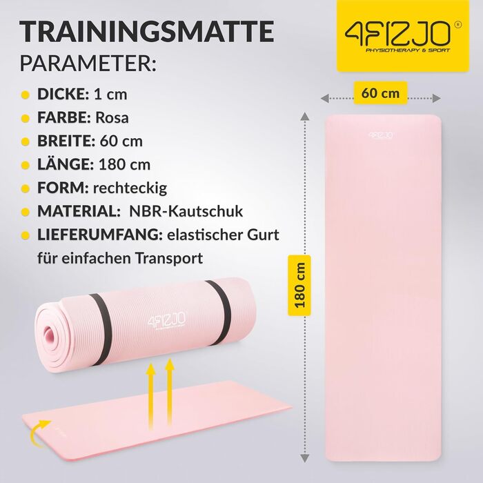 Фітнес-мат 4FIZJO 180x60 см, рожевий, 1 см - для йоги, пілатесу, спорту, тренувань (NBR піна, нековзний, з ременем)