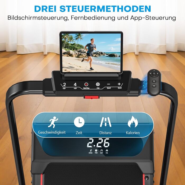 Vannect Walking Pad - складане бігове полотно для дому, 1-12 км/год, нахил 9%, LCD-дисплей, керування з пульта, додатком та ручкою, до 150 кг, чорно-синій