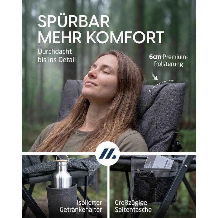 Розкладне кемпінгове крісло NORDMUT Premium з високою спинкою, 4 позиції нахилу, стілець для саду та відпочинку на природі (попелясто-сірий, 2 шт.)
