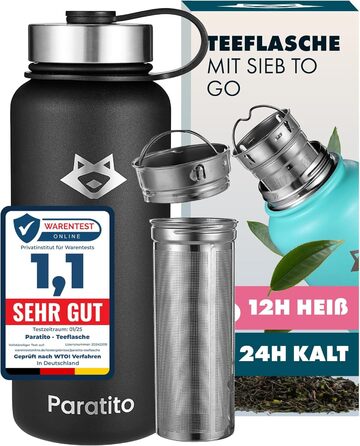 Турбопляшка PARATITO® з ситом 1л – не протікає, придатна для миття в посудомийній машині, з нержавіючої сталі, 1л (термопляшка) з ситом для листового чаю на винос; термопляшка 1л для кави, кемпінгу - чорна, сито матовий чорний, 1000мл