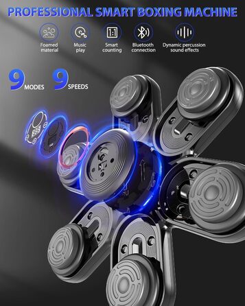 Музична боксерська машина з LED-підсвіткою та Bluetooth, 3 рівня регулювання розміру, 9 режимів швидкості та тренувань, лічильник ударів, для дорослих та дітей