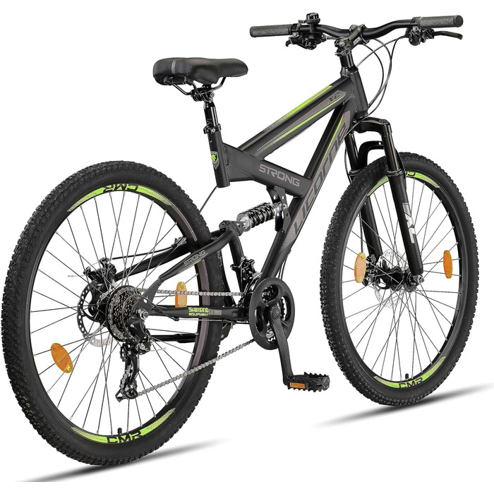 Гірський велосипед Licorne Bike Strong 2D Premium 27,5 дюймів, для хлопців, дівчат, жінок і чоловіків, з дисковими гальмами, 21 швидкість, повна амортизація, чорний/лайм