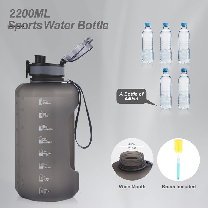 Спортивна пляшка для води GEMFUL 2.2L з ручкою та позначками часу - ідеальна для фітнесу та повсякденного використання (Сірий)