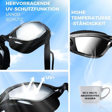 Окуляри плавальні Hersvin UV400 Anti-Fog для дорослих та дітей (діапазон діоптрій -8.0 до +5.5), чорні