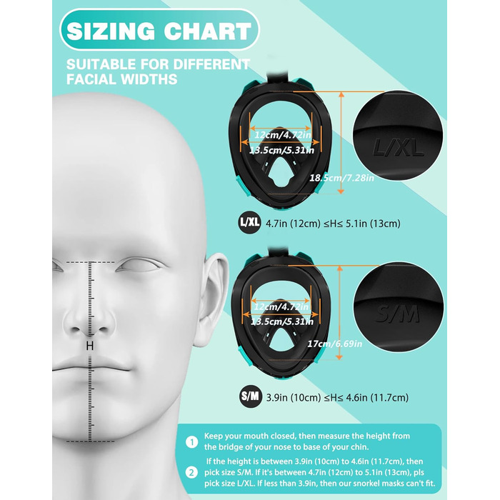 Набір для снорклінгу для дорослих: маска з панорамним оглядом та регульовані ласти, чорний/зелений, L/XL маска + S/M ласти