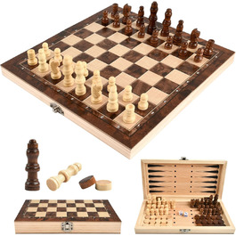 Шаховий набір дерев'яний 3 в 1 з шахами, шашками та настільною грою, преміум-якість, складаний, для дітей та дорослих, 24 см