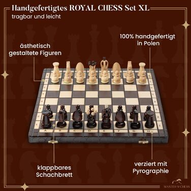 Шахи ROYAL Master з дерева 44 см — ручна робота, великий шаховий набір з фігурами для дорослих і дітей, високоякісна дерев'яна дошка