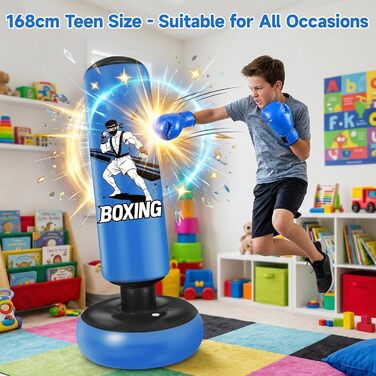 Боксерський мішок надувний для дітей 168 см з рукавичками та насосом, блакитний, з мотивом бійця, для дому, 5-12 років, для Karate та Taekwondo