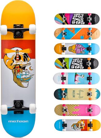 Дитячий дерев'яний скейтборд Meteor SCULL Mini Cruiser для хлопчиків і дівчаток, ретро-стиль, високоякісна дека, роликове дошка