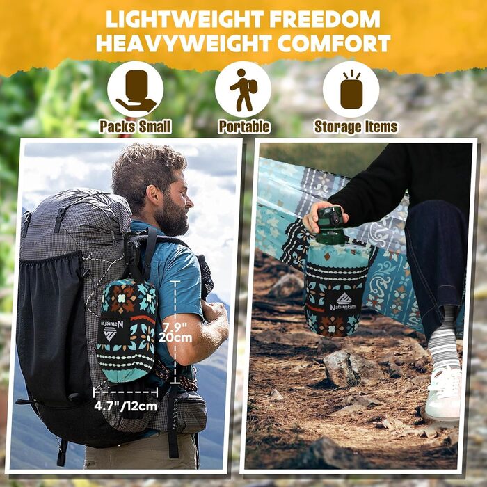Легка туристична гамак NATUREFUN для кемпінгу | Максимальне навантаження 300 кг, дихаючий матеріал, швидковисихаючий нейлон, 2 карабіни преміум-класу, 2 петлі | Для дому, саду, відпочинку на природі (275 x 140 см, у стилі Богеми)