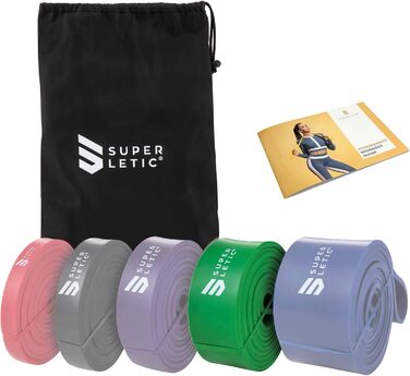 Суперлетік силові фітнес-стрічки Powerbands для тренувань, 5 рівнів опору, для підтягувань, бодівейту, з посібником