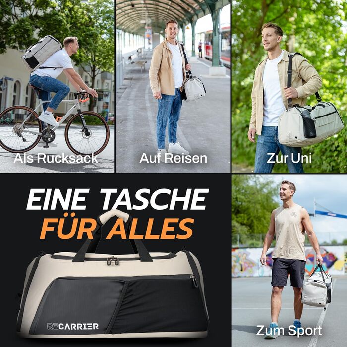 Спортивна сумка [з переробленого PET] 50L – сумка для спортзалу та рюкзак 2в1 – водонепроникна спортивна сумка для чоловіків та жінок – спортивний рюкзак з відділенням для взуття, велика туристична сумка (Савана Бежевий)