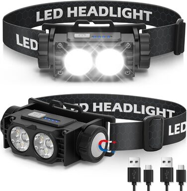 LED налобний ліхтар 2 шт. 2000 люменів, 3 режими, водонепроникний, для риболовлі, бігу, кемпінгу (чорний)