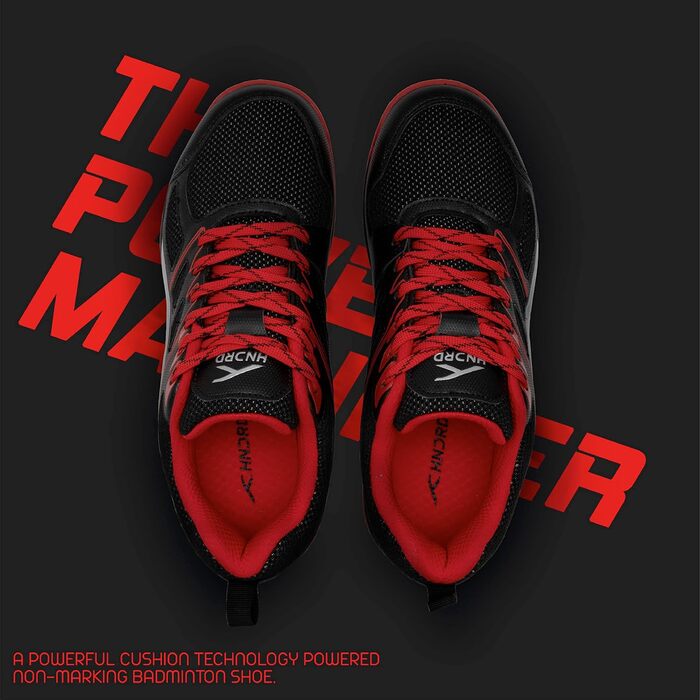Професійне бадмінтонне взуття HUNDRED Xoom для чоловіків, чорно-червоне, 40 EU. Підходить для бадмінтону, тенісу, сквошу, настільного тенісу, баскетболу та падел-тенісу. Верх: поліестер, підошва: гума.
