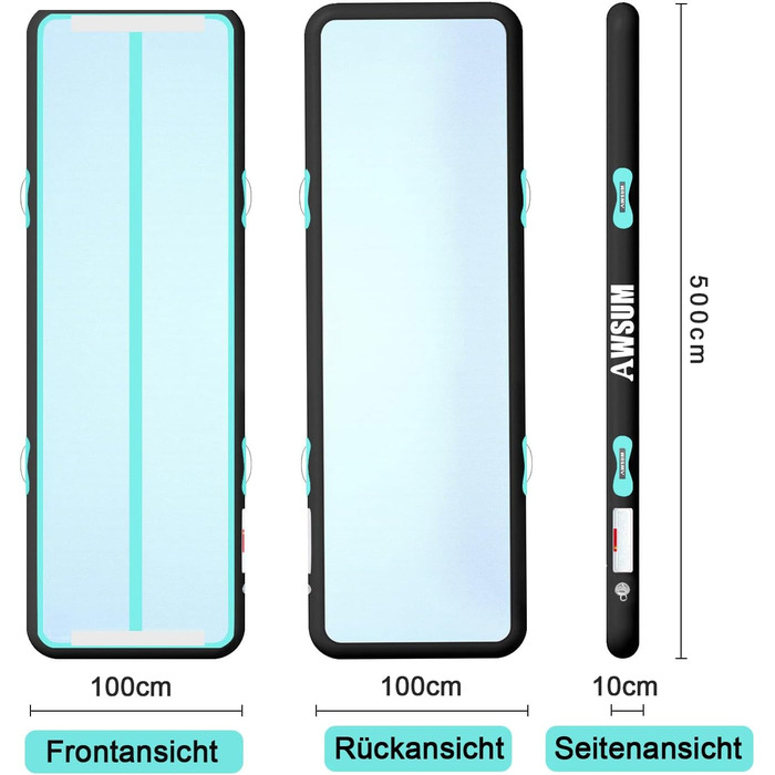 AWSUM Килимок для гімнастики надувний, 2/3/4/5/6м, товщина 10/20см, для йоги, фітнесу, тренувань, на вулицю, з насосом, Mint Green + Black