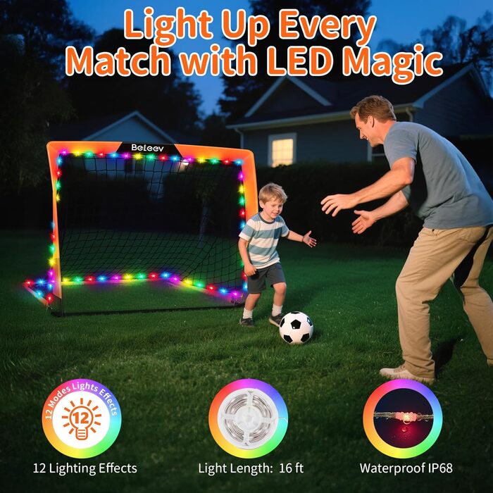 Дитячі футбольні ворота BELEEV для гри в саду та в приміщенні, 4x3/6x4 ft, з LED-підсвічуванням, портативні, складані, комплект з 2 шт., 120*90 см