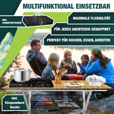 Кемпінговий стіл KESSER® розкладний, з алюмінієвим каркасом, регулювання висоти, 120x70 см, до 100 кг, з сумкою та сітчастою кишенею, з імітацією дерева (145x70 см)