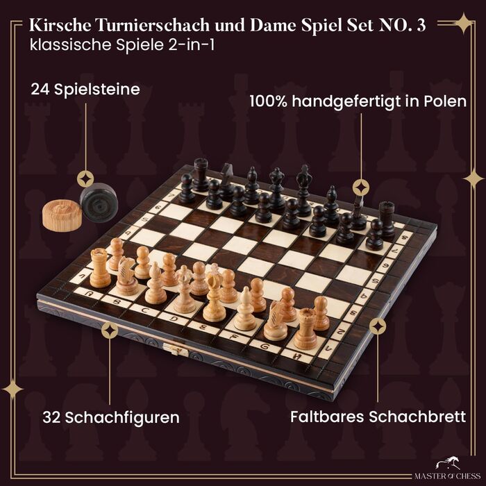 Набір для турнірного шахів №3 | Master Of Chess | Шаховий набір з дерева, преміум-якість, 35 см | Класичний набір Staunton та шахове поле з фігурами для дорослих та дітей (2 в 1, вишня, 35x35 см)