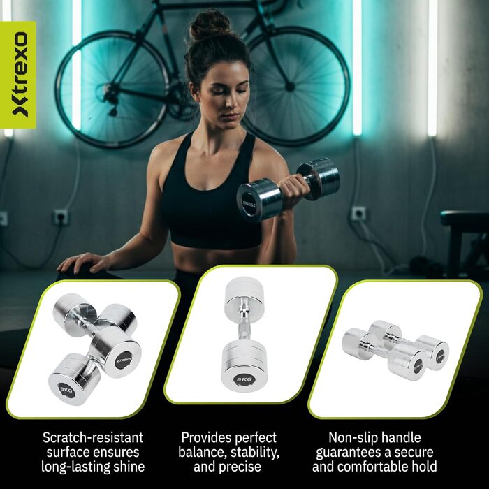 Набір гантелей XTREXO Verte Kurz 2 шт. (2.5–12 кг) – сталеві гантелі з неслизьким грифом, міцна поверхня, для силових тренувань вдома та в спортзалі (хром, 2 x 9 кг)