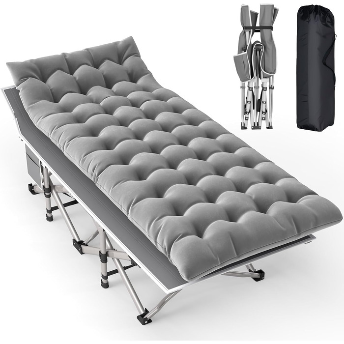 Розкладне ліжко Feldbett з матрацом, до 208 кг, сіре XL 190x71x35 см – для кемпінгу, гостей, саду, пляжу