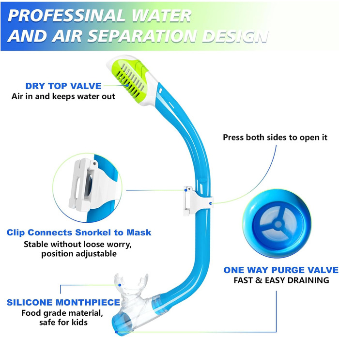Дитячий набір для снорклінгу GoseWave: маска, трубка, окуляри. Для дітей 5-15 років. Anti-fog (антизапітніння), Dry Top (суха трубка), унісекс, блакитний, S/M(1-4)