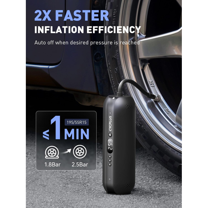 Електричний компресор CYCPLUS 12V 2-в-1, портативний насос для шин, автоматичне відключення, 150 PSI, для велосипедів, мотоциклів і авто