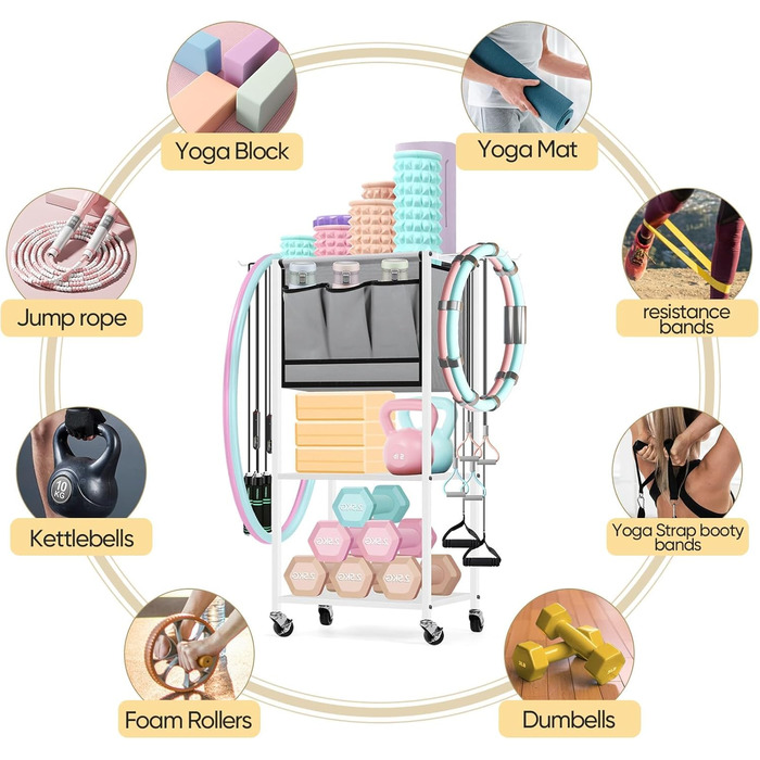 Стойка для гантелей для дому, багаторівнева полиця для зберігання, органайзер для йога-килимка та фасційного ролика, аксесуари для тренувань з роликами та гачками, білий