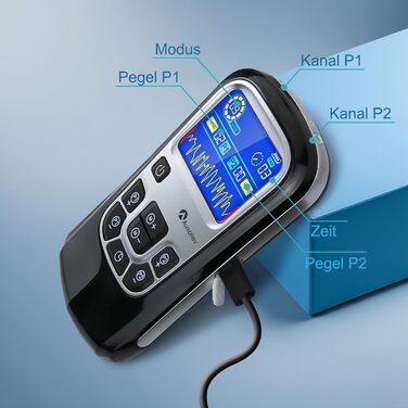 Пристрій TENS для терапії болю, EMS, 2 канали, 25 режимів, 50 рівнів інтенсивності, 10 електродів (чорний)