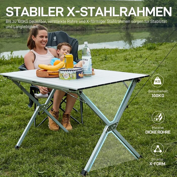 Складаний туристичний стіл EVER ADVANCED 120x70 см, алюміній, 100 кг, для кемпінгу, пікніка, саду, балкону, білий/сріблястий