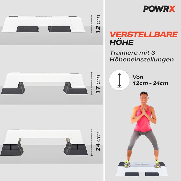 Степ-платформа POWRX для аеробіки та фітнесу, 3 рівні, біла, регульована висота, антиковзаюча | Степ-бенч для дому