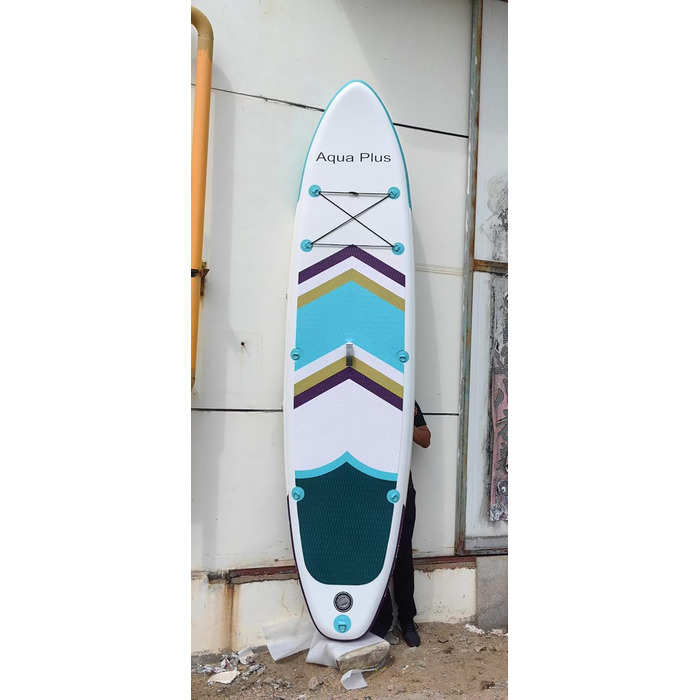 Надувне SUP Aqua Plus 15см: дошка для SUP, весло, насос, рюкзак. Підходить для будь-якого рівня підготовки. Розмір 335x83x15см, кольори: фіолетовий, жовтий, зелений.