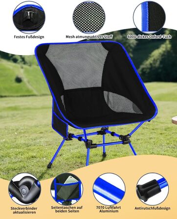 Складний туристичний стілець для кемпінгу з сіткою та кишенями, вантажопідйомність 150 кг, ультралегкий, для подорожей, пікніків, риболовлі (Оранжевий, Синьо-чорний)