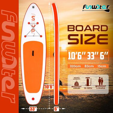 Надувний SUP-борд FunWater 320CM – комплект: весло, рюкзак, 3 ласти, насос, лінь – для початківців та досвідчених райдерів, 10'6, Orange/Weiß