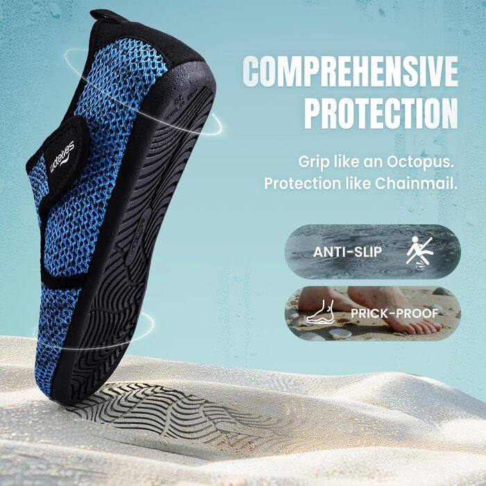 Водні черевики WateLves: для плавання, занять у басейні та відпочинку на пляжі. Швидковисихаючі, унісекс, блакитні, 40 EU