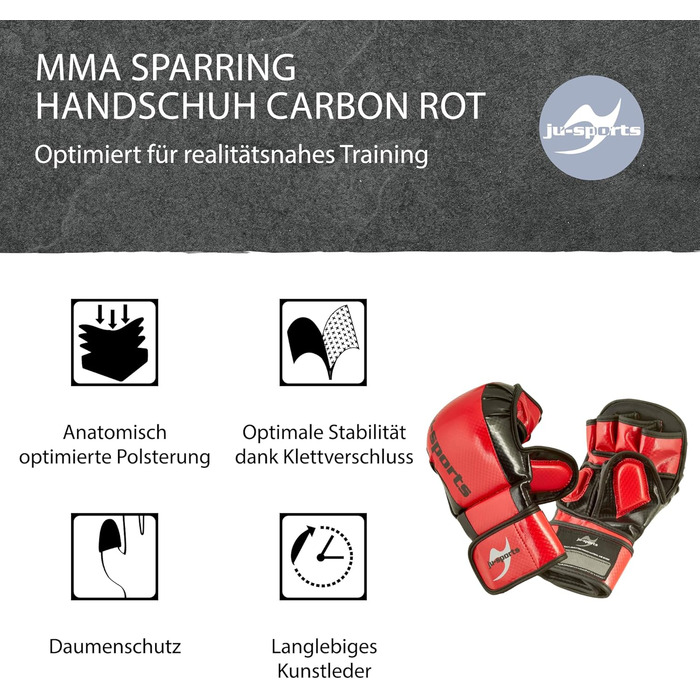 MMA рукавички для спарингу Ju-Sports Carbon, червоні, PU, із захистом великого пальця та кісточок, для тренувань і єдиноборств