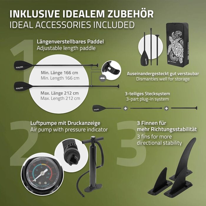 Надувний SUP Борд ECD Germany: SUP Борд Stand Up Paddle Board для Каякінгу, Розміри 305/308/320/380 см, до 120/150 кг, Товщина 10/15 см, Комплект з Рюкзаком та Сидінням для Каяка, Olive