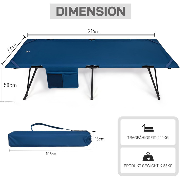 Розкладне ліжко EVER ADVANCED для кемпінгу XXL, 200 кг, 214x79x50 см, з кишенею, стабільне та портативне для відпочинку на природі, вдома та в саду (Блакитне)